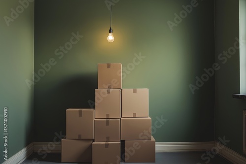 Stacked cardboard boxes in a dimly lit room with a single light bulb hanging against a dark green wall backdrop