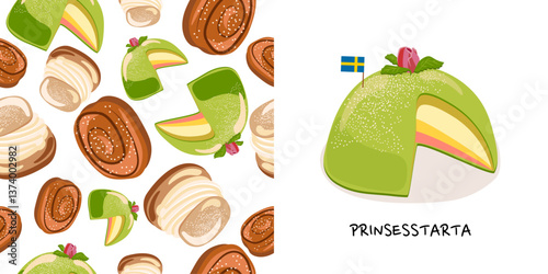 Swedish Sweets Prinsesstarta. Cozy Coffee Time. Scandinavian culture. Scandinavian poster. Vector Illustration.