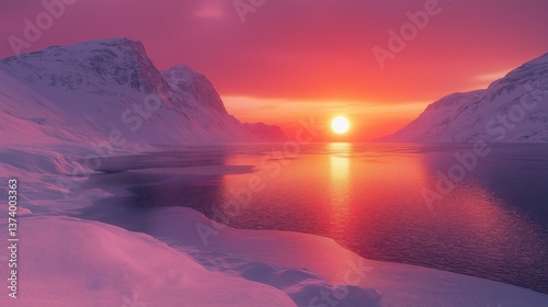 Stunning arctic sunset over frozen landscape with towering snow-covered mountains and vibrant pink and orange skies reflected in icy water
