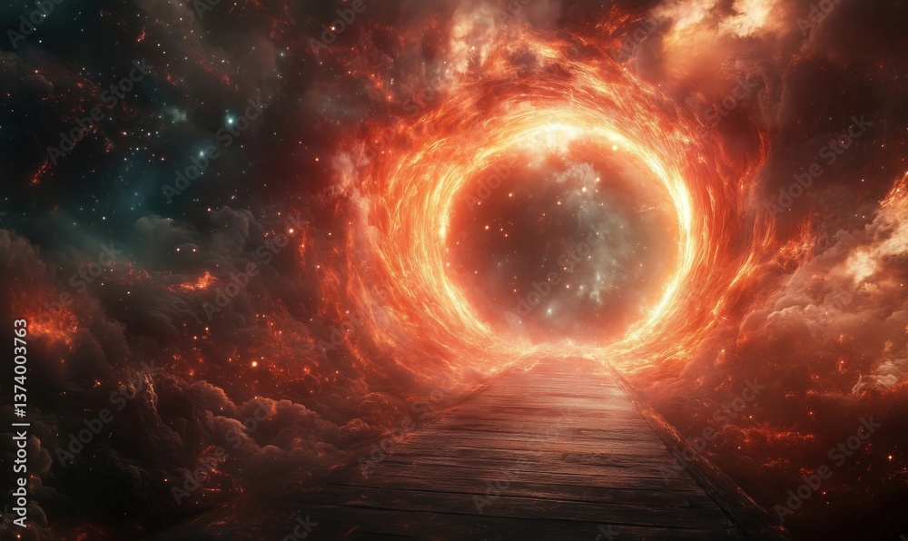 Obraz premium Cosmic portal surrounded by fiery clouds and stars leading to another dimension