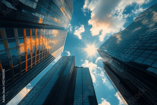 Skyscrapers Reaching Toward the Blue Sky With Clouds Above in a Bustling City