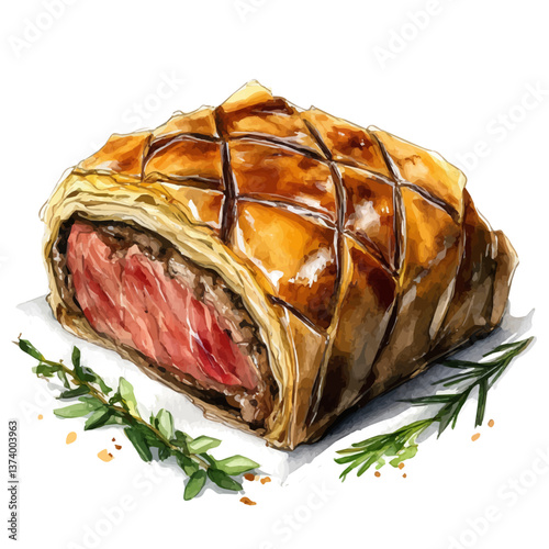 A watercolor vector of beef Wellington, isolated on a white background. Beef Wellington vector.

