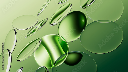 A 3d rendering. Round green glass shapes. Abstract aesthetic background, modern vertical wallpaper