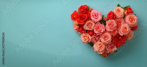 Heart Shape Made of Red and Pink Roses on a Light Blue Background in a Creati...
