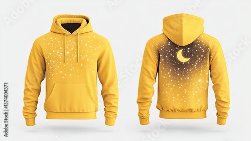 Yellow male hoodie, front and back view, constellation theme, front has a small moon graphic, back features a starry sky with constellations, white background