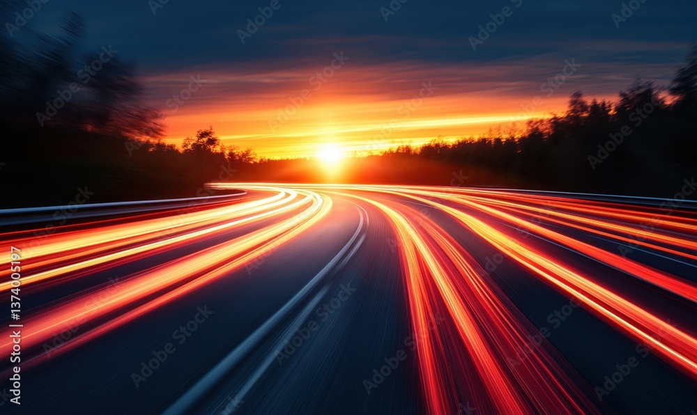 Streaks of Light on Curved Road at Sunset with Vibrant Colors and Dramatic Sky Streaks of Light on Curved Road at Sunset with Vibrant Colors and Dramatic Sky
