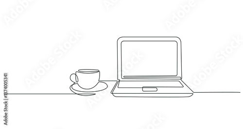 Laptop and Coffee Cup Continuous One Line Drawing. Laptop Line Art Hand Drawn Vector Art, Continuous One Line Drawing. Outline Drawing of Computer Minimalist Design Isolated on White Background.