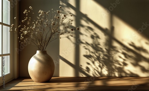 Elegant Dried Flowers in Simple Vase Casting Soft Shadows in a Sunlit Room