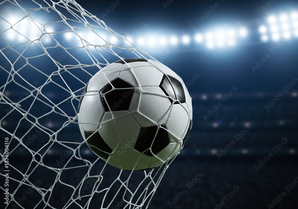 Fototapeta premium Goal! A dynamic close-up of a soccer ball soaring into the goal net under the bright stadium lights, capturing the moment of victory.