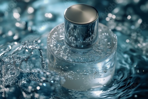 Elegant Perfume Bottle Creates Ripples in Water at Tranquil Setting