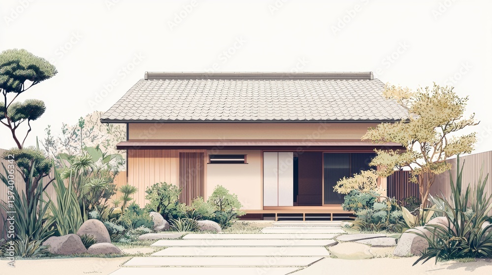Fototapeta premium Facade, architecture, japandi, minimalist, neutral colors, vegetation, illustrated style 