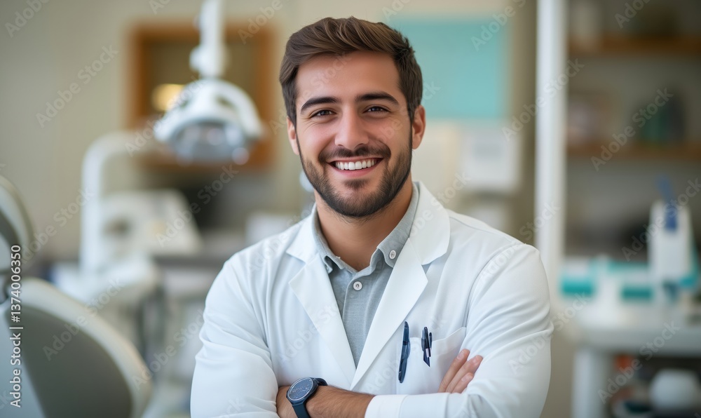 Smiling male dentist in white coat with arms crossed in modern dental clinic Smiling male dentist in white coat with arms crossed in modern dental clinic