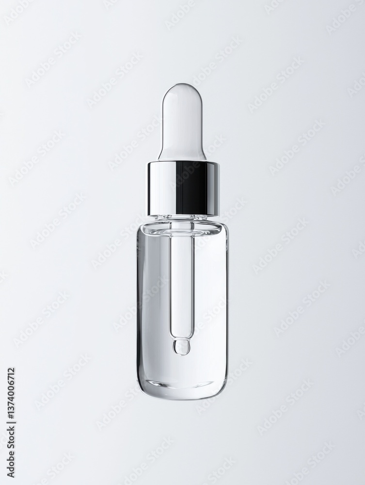 3d rendering of a glass dropper bottle. the bottle is made of clear glass and has a cylindrical shape with a narrow neck and a narrow opening at the bottom.