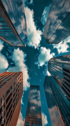 Skyscrapers Reaching Toward the Blue Sky With Clouds Above in a Bustling City