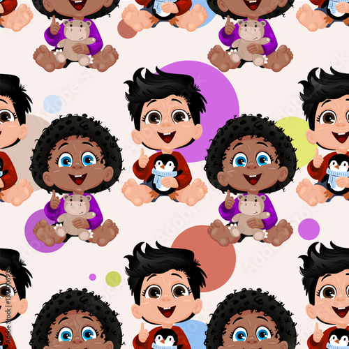 Two animated children with different hairstyles are happily sitting on a light background filled with colorful circles. A teddy bear and the other a toy penguin. Seamless repeating vector template.