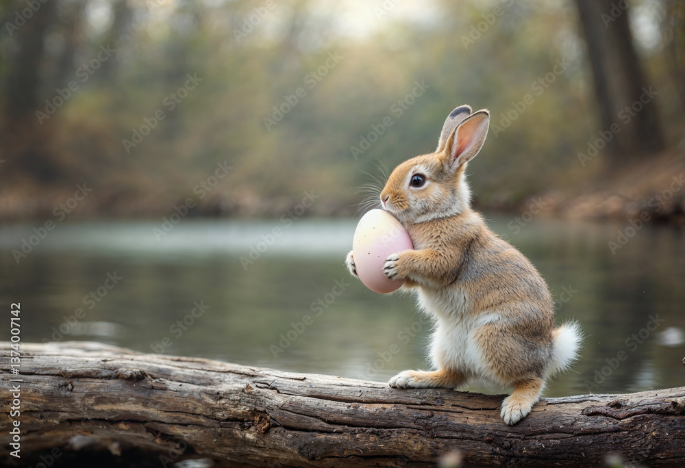 Fototapeta premium Adorable bunny holding Easter egg on log by tranquil forest lake