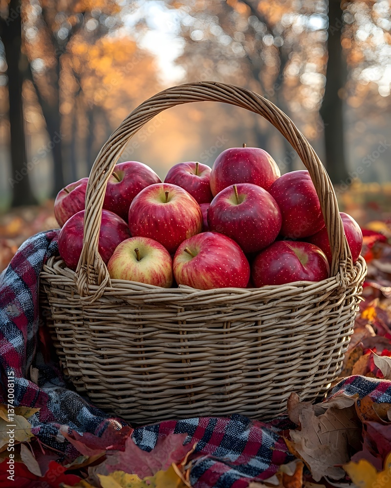 Basket of freshly picked autumn apples in a rustic orchard Basket of freshly picked autumn apples in a rustic orchard