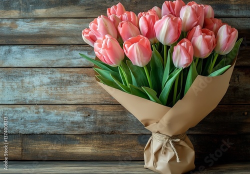 Beautiful Bouquet of Pink and White Roses Arranged in a Glass Vase on a Marbl...