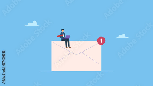 Vector ilustration of businessman opens email on laptop. New message notification, letter in online envelope, inbox mail concept.