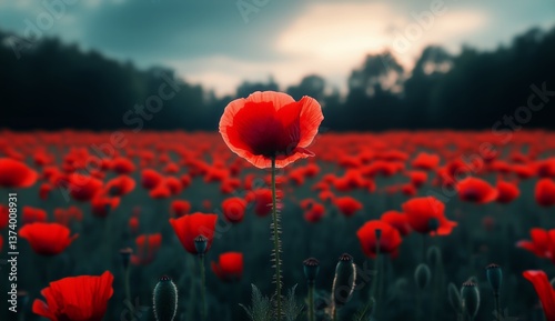Vibrant Red Poppy Stands Tall in Lush Meadow During Twilight in Serene Natura...