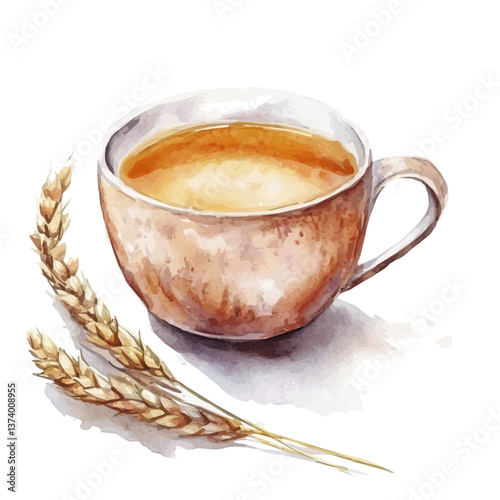 A watercolor vector of barley tea (mugicha), isolated on a white background. Barley tea vector.

