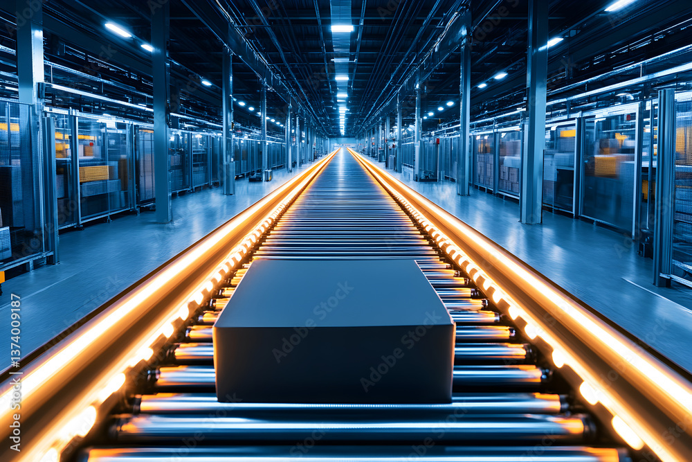 Fototapeta premium Futuristic train station interior, sleek architecture with glowing tracks and vibrant blue lighting, modern transport environment, copy-space available.