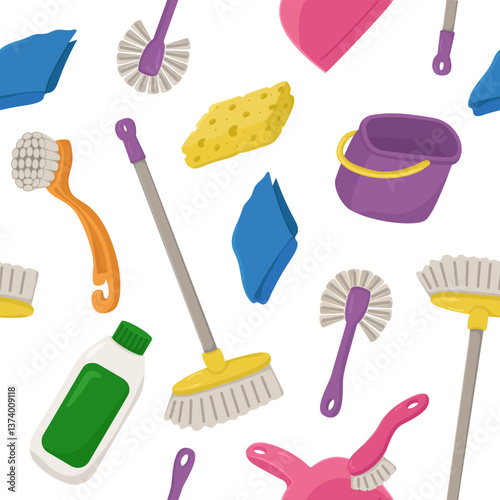 Vector seamless pattern with cleaning items on a white background. Illustration for packaging, business cards and wallpapers with bright items for cleanliness.