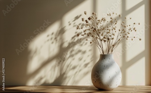 Elegant Dried Flowers in Simple Vase Casting Soft Shadows in a Sunlit Room
