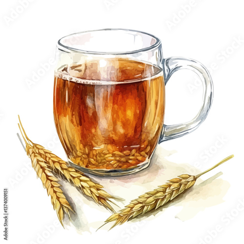 A watercolor vector of barley tea (mugicha), isolated on a white background. Barley tea vector.

