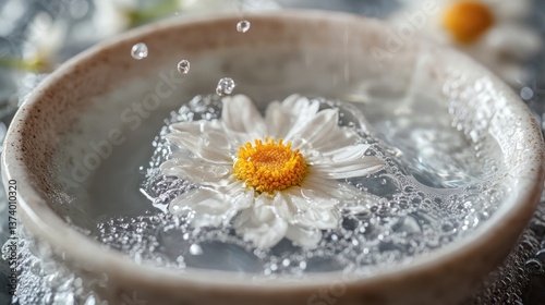 White daisy floats in water with droplets above surface