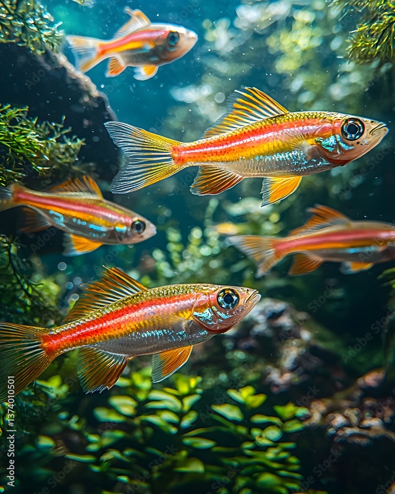 Fototapeta premium A school of vibrant zebra danios swimming in an aquarium