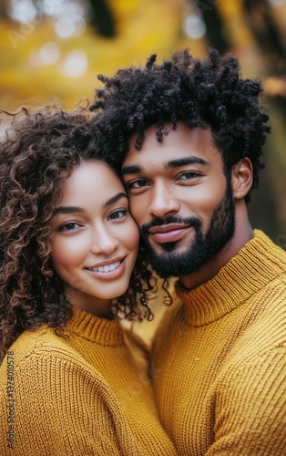Couple Enjoys a Cozy Moment in a Forest During Autumn With Vibrant Foliage