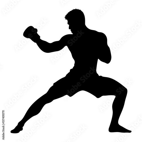 MMA fighter silhouette, kickboxing stance, combat training vector illustration