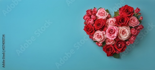 Heart Shape Made of Red and Pink Roses on a Light Blue Background in a Creati...