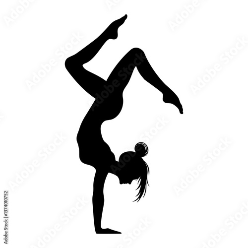 silhouette of a woman doing handstand yoga pose, balance and fitness flexibility vector illustration
