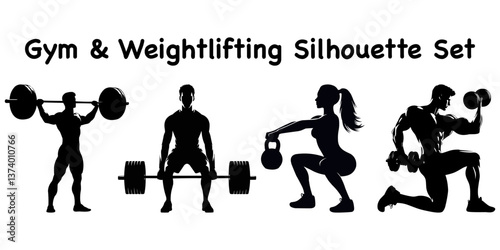 gym and weightlifting silhouette set, fitness workout vector bundle, strength training collection