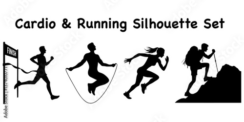 cardio and running silhouette set, marathon training vector pack, endurance sports collection