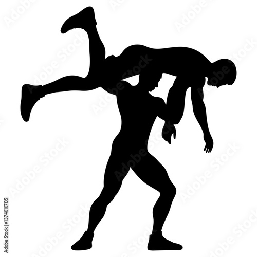 wrestler silhouette, grappling pose, strength combat vector illustration