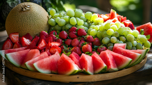 A refreshing fruit platter with red and green fruits such as green melon, red watermelon, strawberries, and grapes, designed for a summer party or outdoor event.