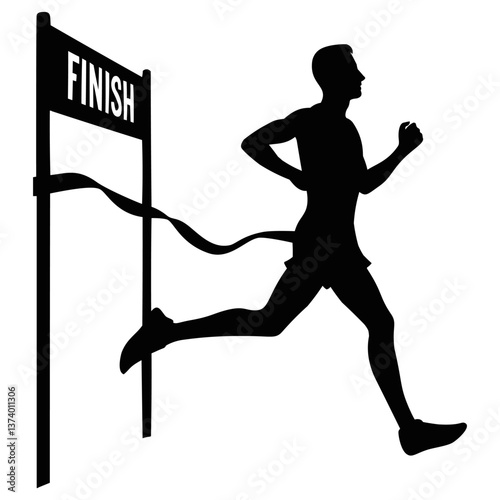 a silhouette of a marathon runner crossing the finish line, victory, athlete race vector illustration