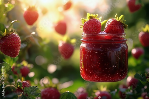 Strawberry Jam in a Jar Surrounded by Fresh Strawberries in a Sunlit Garden D...