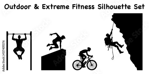 outdoor and extreme fitness silhouette set, adventure sports vector pack, endurance training collection