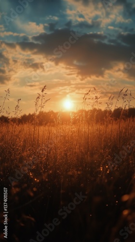 Golden Sunset Over a Grassy Field With Clouds in the Evening Sky