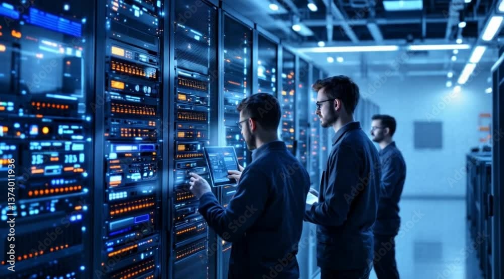 IT technicians working in server room IT technicians working in server room