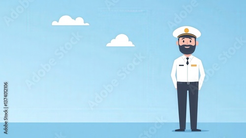 Friendly Ship Captain Cartoon Illustration, Smiling cartoon captain, sea, sky, clouds. Perfect for travel, nautical themes.