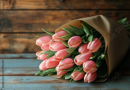 Beautiful Bouquet of Pink and White Roses Arranged in a Glass Vase on a Marbl...