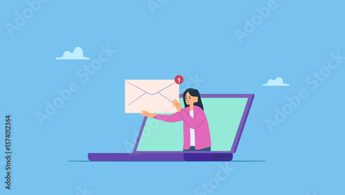 Vector ilustration of businesswoman opens email through a laptop. New message notification, letter in online envelope, inbox mail. E-mail marketing, subscription, communication. Newsletter in mailbox.