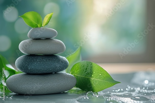 Stacked Stones With Green Leaves in a Serene Indoor Setting for Relaxation an...