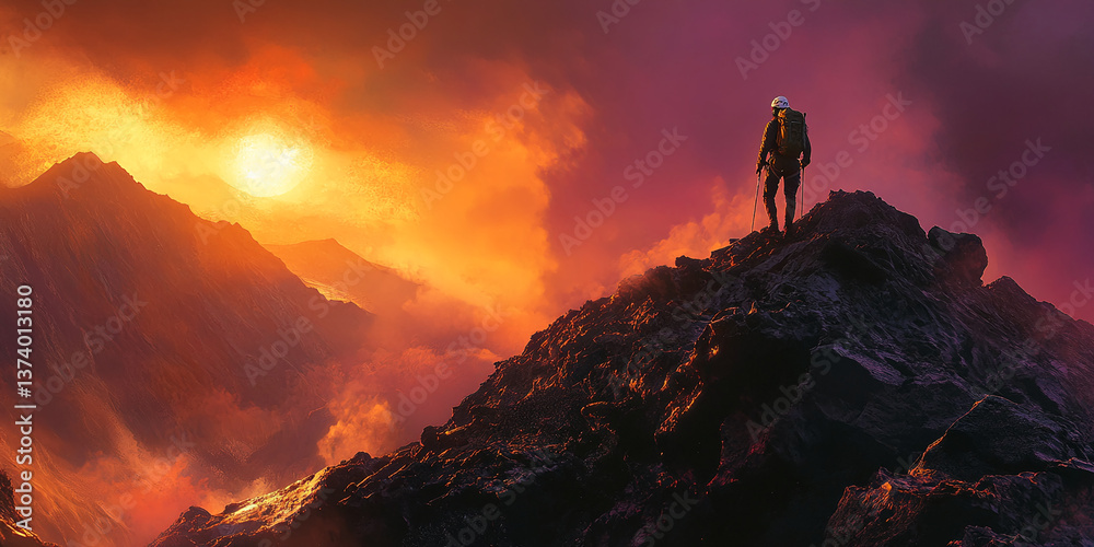 Climber on volcanic peak at sunset, fiery sky, dramatic landscape, symbolizes achievement, perseverance, adventure, freedom Climber on volcanic peak at sunset, fiery sky, dramatic landscape, symbolizes achievement, perseverance, adventure, freedom