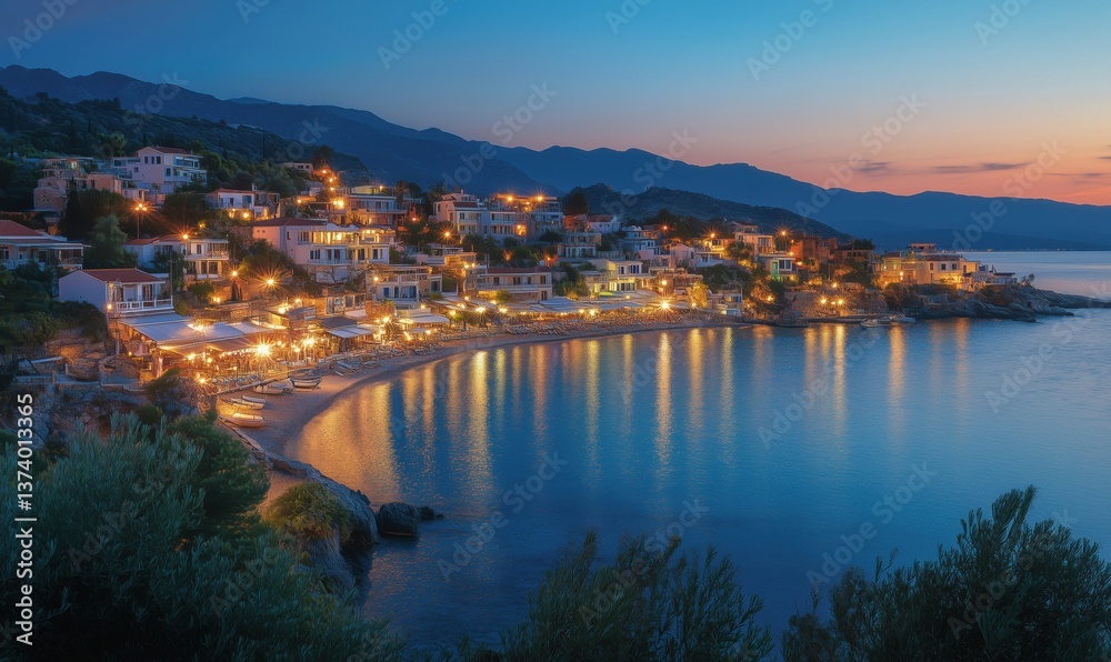 Serene coastal village at dusk with illuminated waterfront and tranquil waters Serene coastal village at dusk with illuminated waterfront and tranquil waters